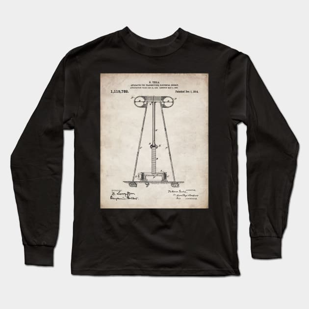 Tesla Transmitter Patent - Electrician Maker Workshop Art - Antique Long Sleeve T-Shirt by patentpress